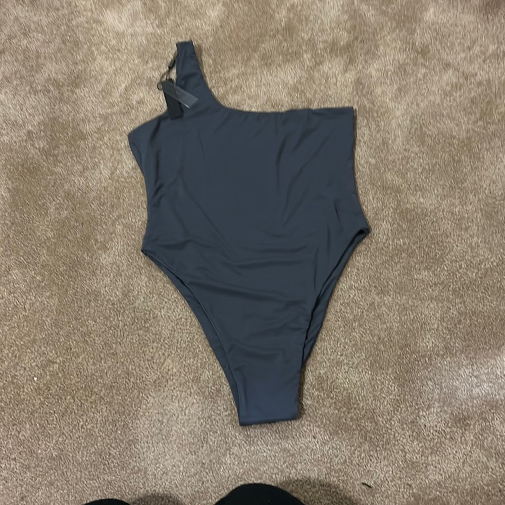 Grey bathing suit one shoulder top